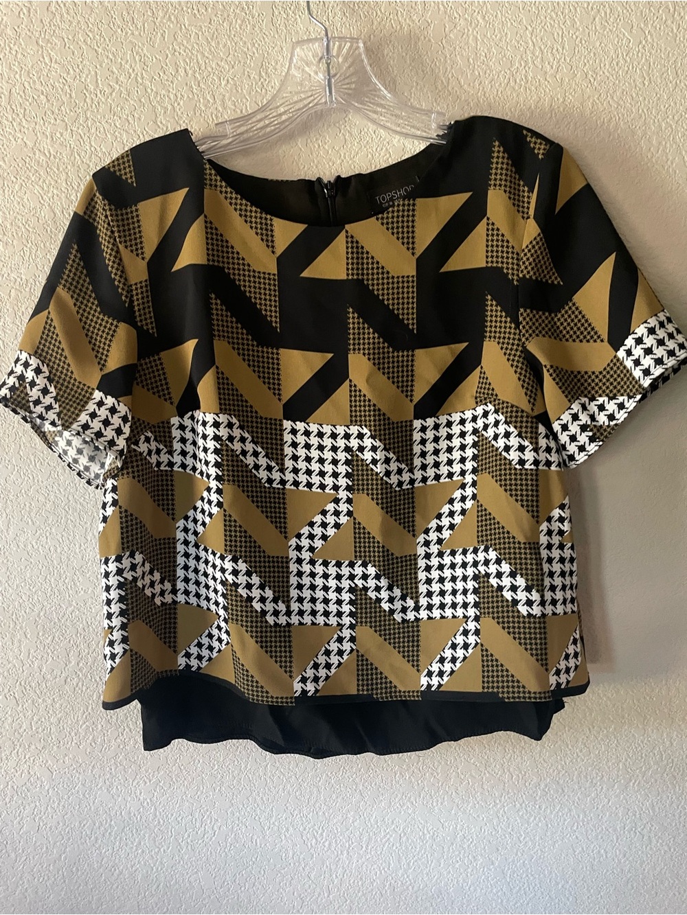 Topshop Black, Mustard and White Geometric Short Sleeve Blouse